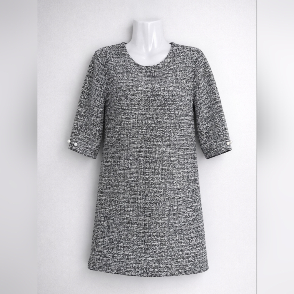 Zebra Fashion Italy Tweed Shift Dress – Black & White Classic Print